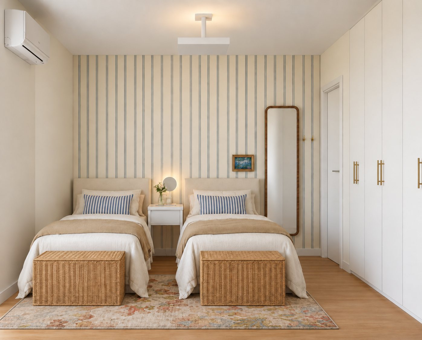 Imagem 3D de quarto com duas camas, papel de parede listrado e baús de palha