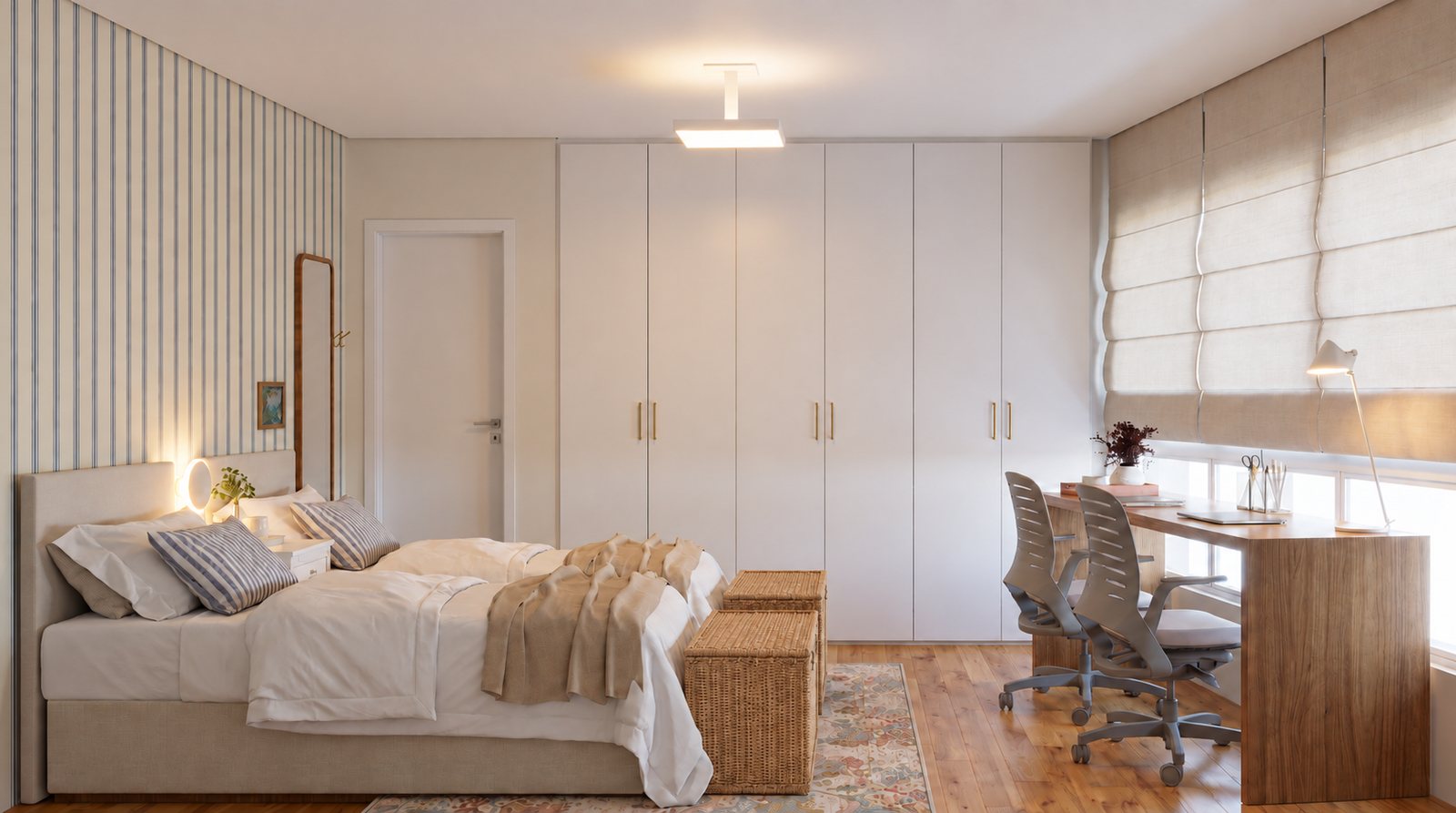 Imagem 3D de quarto com cama, armário branco e bancada de estudo em madeira