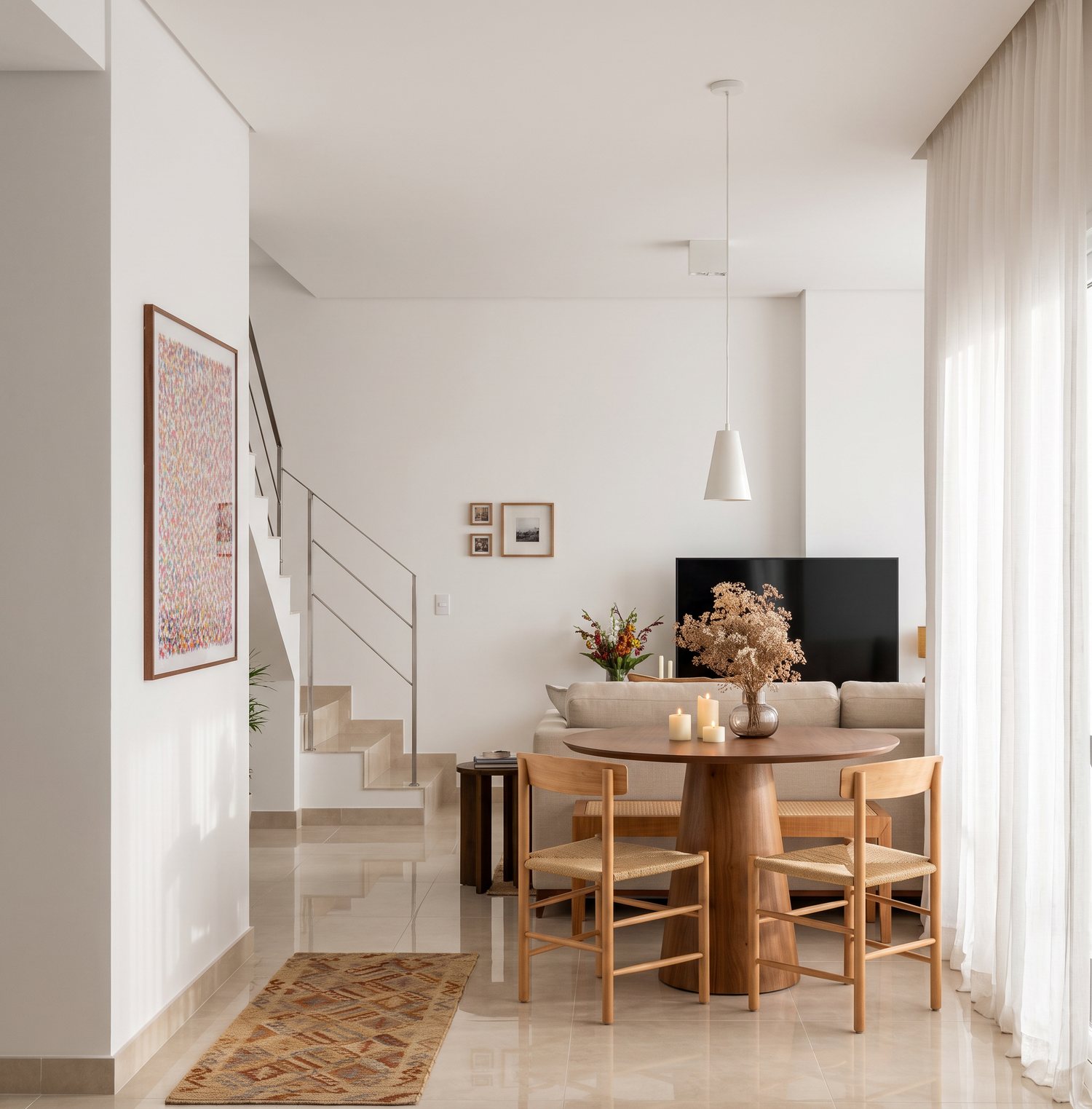 Sala de jantar com mesa redonda de madeira, cadeiras de palha e escada ao fundo