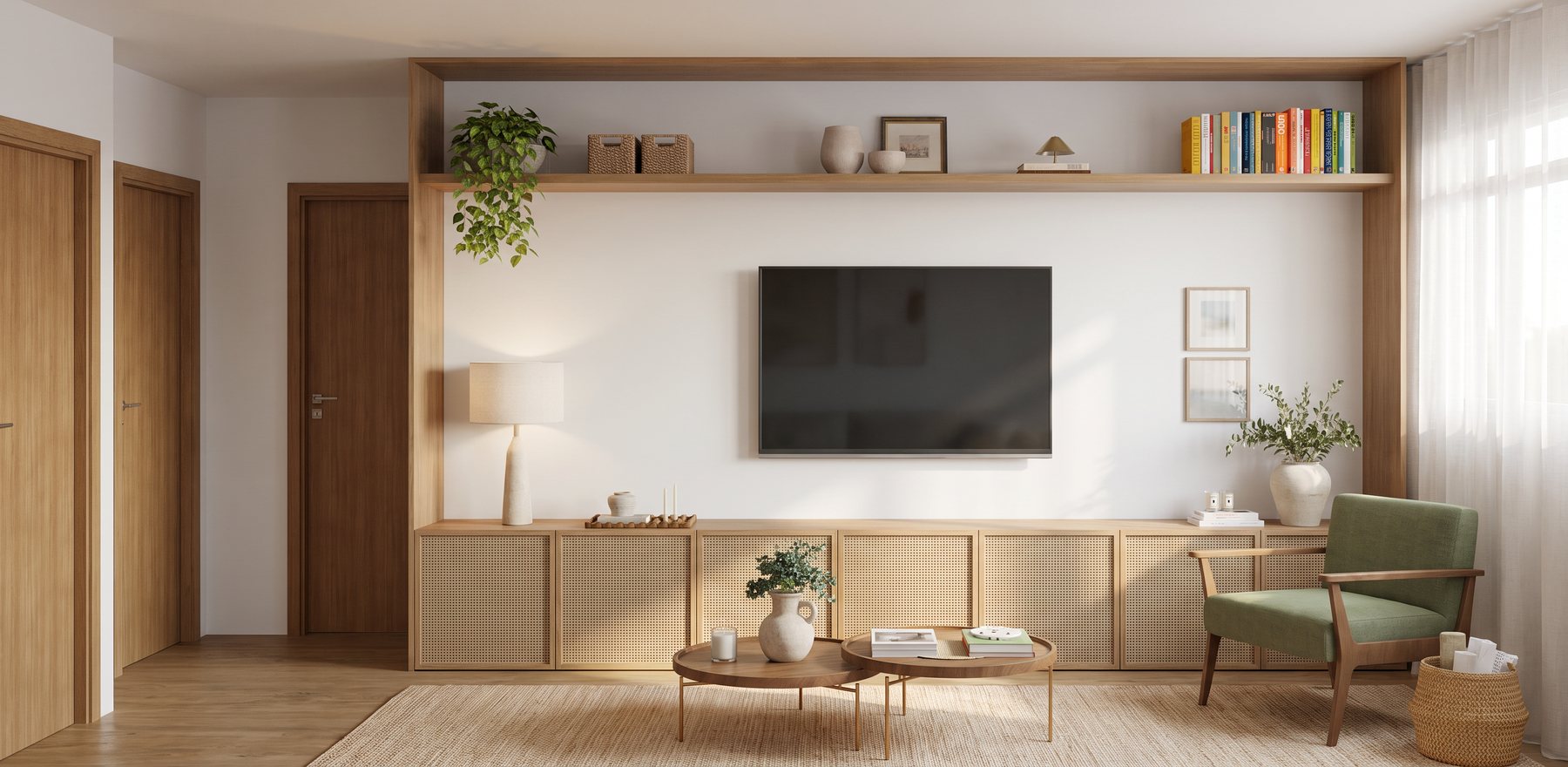 Imagem 3D de sala com painel de madeira e palhinha, prateleira e poltrona verde