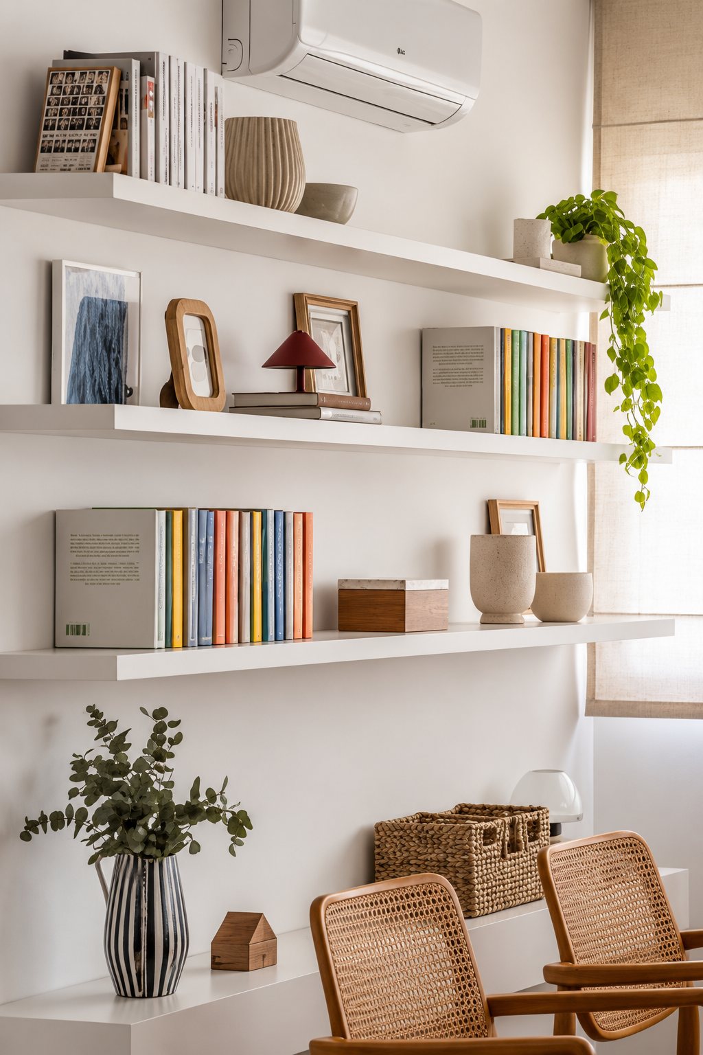 Prateleiras brancas decoradas com livros, vasos, quadros e plantas