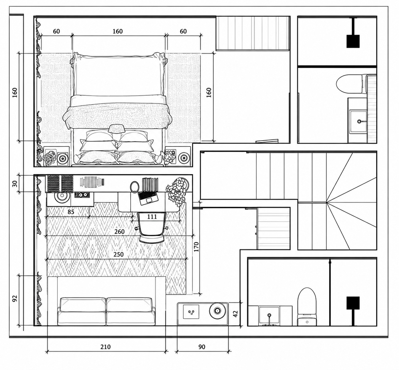 Planta de layout com medidas de quarto e home office, com posicionamento de cama, mesa de trabalho, tapetes e sofá